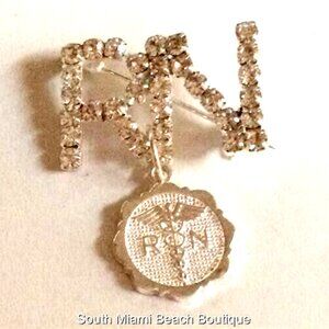 Nursing RN Pin Brooch Crystal Medical Caduceus Nurse Graduation Gift Silver Tone